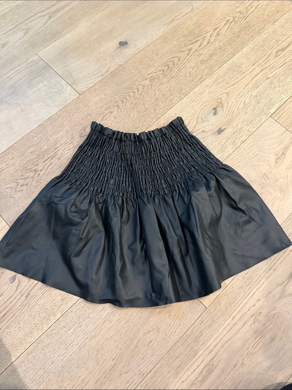 Smocked High-Waist Black Mini Faux Leather Skirt - Girls